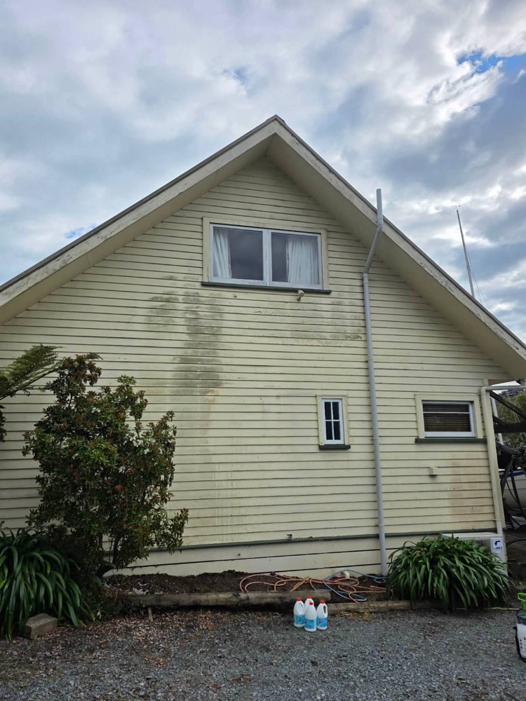 A cream weatherboard gable with dark mould stains under the window