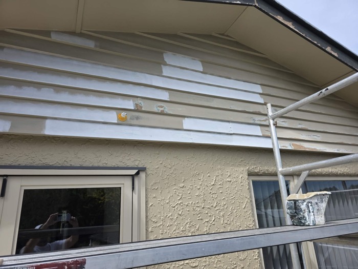White primer patches on cream weatherboards